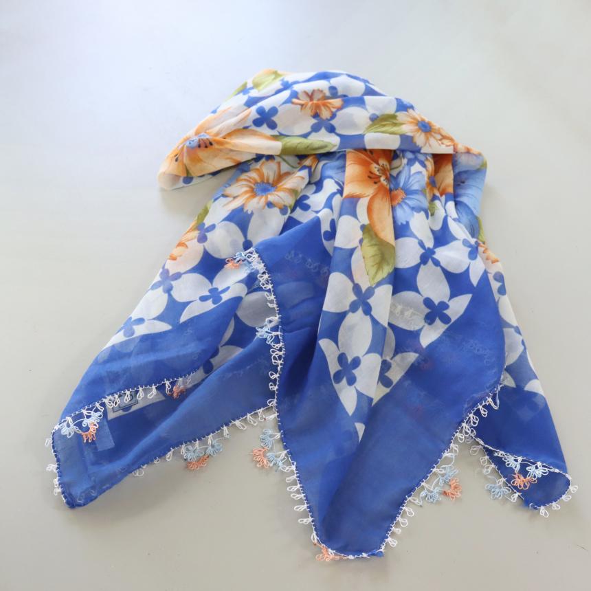 オヤスカーフ ヤズマ　正方形　トルコレース編みイーネオヤ　繊細なモチーフ　ブルー | ブランド登録なし