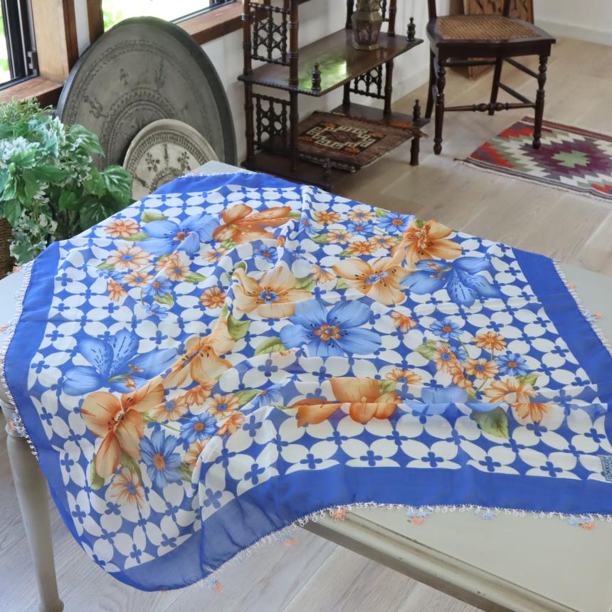 オヤスカーフ ヤズマ　正方形　トルコレース編みイーネオヤ　繊細なモチーフ　ブルー | ブランド登録なし | 01