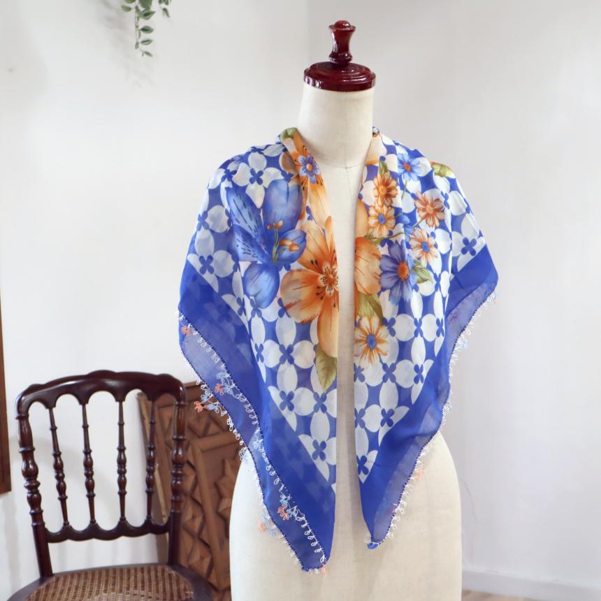 オヤスカーフ ヤズマ　正方形　トルコレース編みイーネオヤ　繊細なモチーフ　ブルー | ブランド登録なし | 03