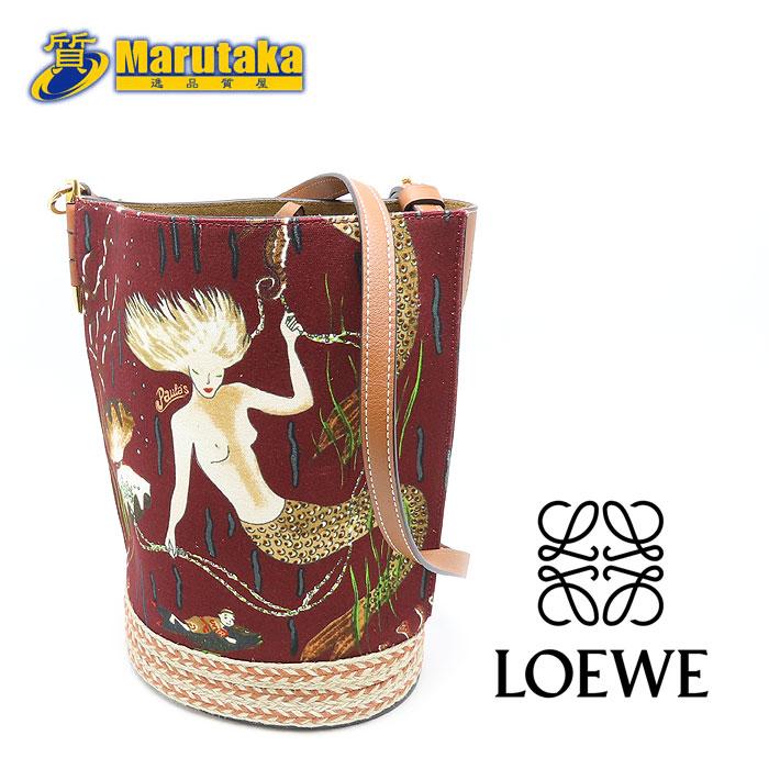 ロエベ ショルダーバッグ ゲートバケット ブラウン パウラズ イビザ ゲート A650Z56X03 美品 キャンバス ストロー レザー 中古 652005 LOEWE クロスボディ 自立 軽い 人魚 革 アナグラム ロゴ刻印 茶色 LOEWE（ロエベ） 送料無料 ゲートバケット ショルダー バッグ