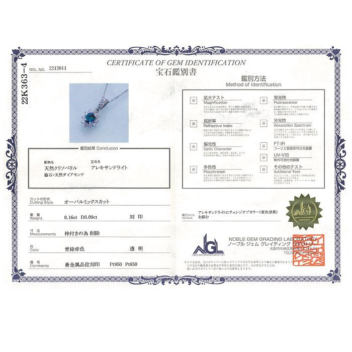 アレキサンドライト プラチナ ネックレス】0.16ct 鑑別書付