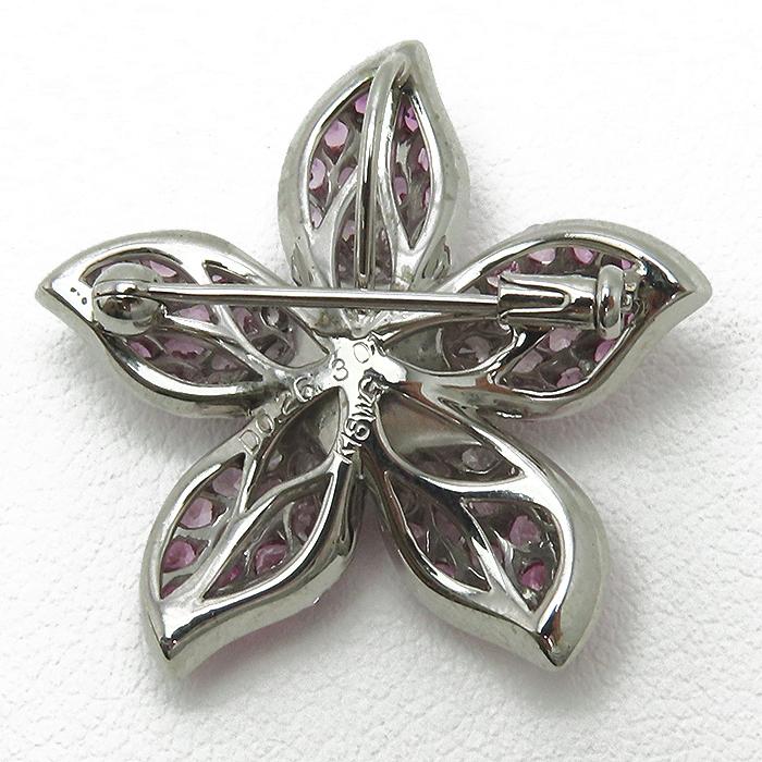 K18WG お花 ブローチ】 ピンクサファイア3.01ct ダイヤモンド0.26ct 