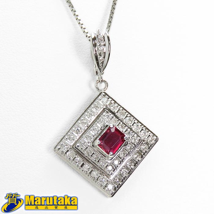 0.87ctルビー 0.79ctダイヤ Ptネックレス】約12.7g 約H3.9×W2.5cm K14