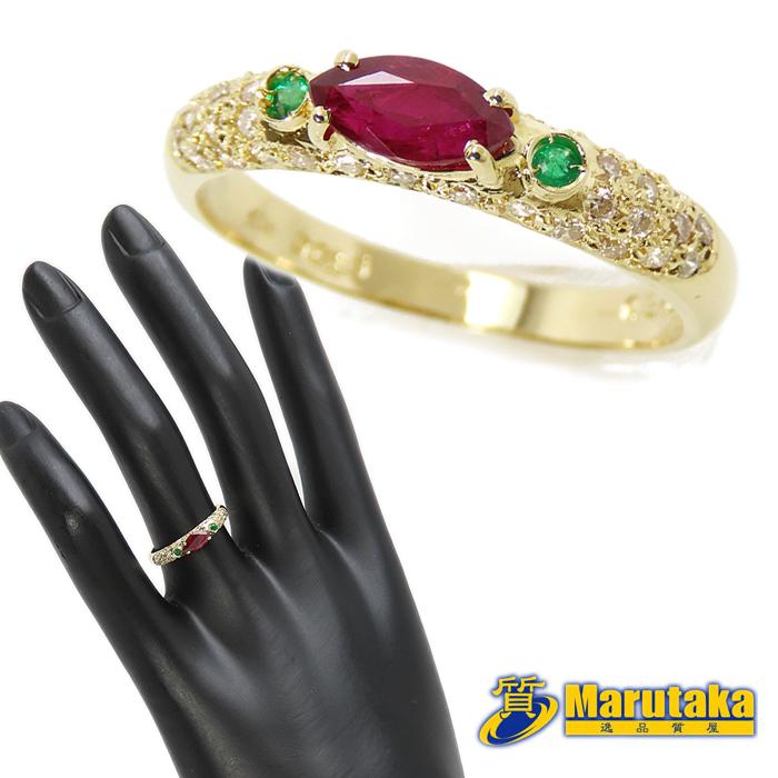 送料無料 K18 ルビー ダイヤモンド エメラルド リング 11号 指輪 18金