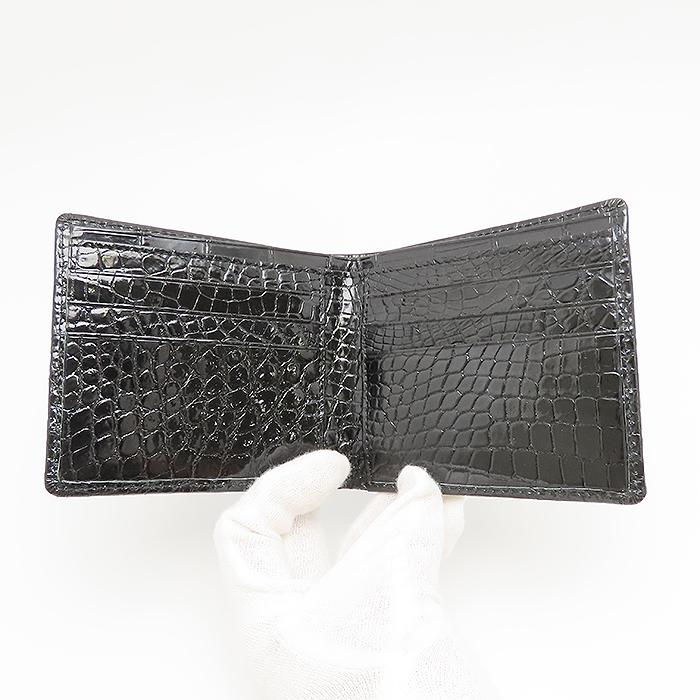 JRA認定 クロコダイル 二つ折り財布／札入れ 艶（シャイニング） JRA クロコダイル 二つ折り 財布 シャイニー ブラック 黒 メンズ 逸品