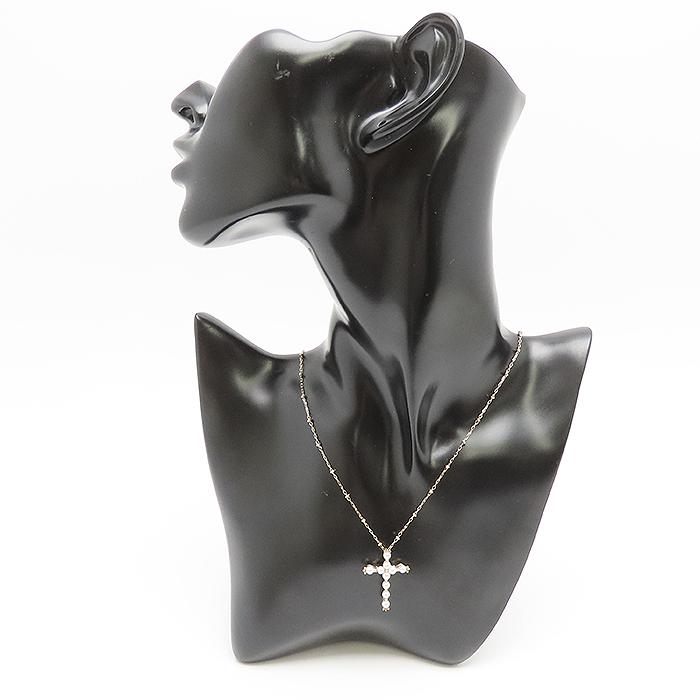クロス モチーフ パール ダイヤモンド ネックレス K18 50cm 0.04ct 3.8g 十字架 真珠 750 YG 逸品質屋 丸高 尼崎市 Au 18K_1