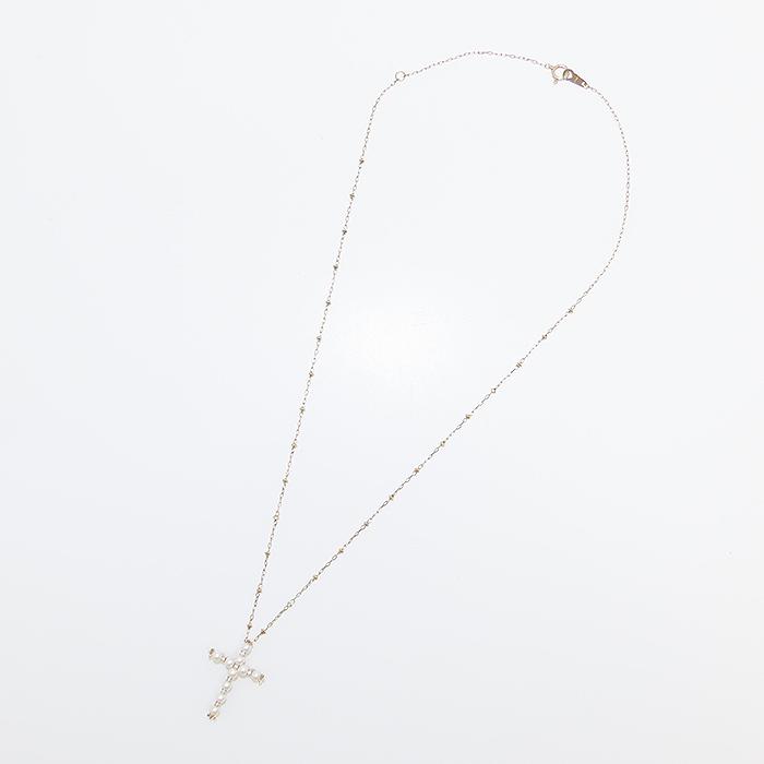 クロス モチーフ パール ダイヤモンド ネックレス K18 50cm 0.04ct 3.8g 十字架 真珠 750 YG 逸品質屋 丸高 尼崎市 Au 18K_2