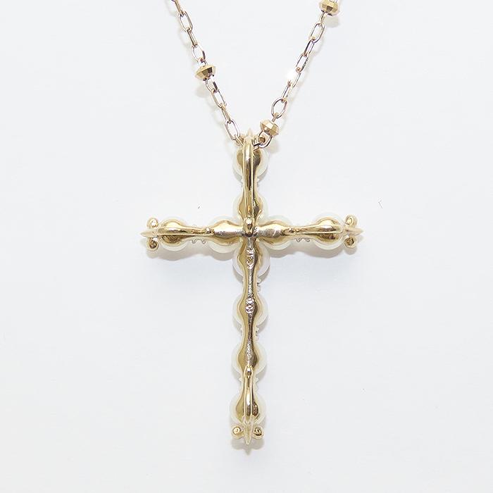 クロス モチーフ パール ダイヤモンド ネックレス K18 50cm 0.04ct 3.8g 十字架 真珠 750 YG 逸品質屋 丸高 尼崎市 Au 18K_3