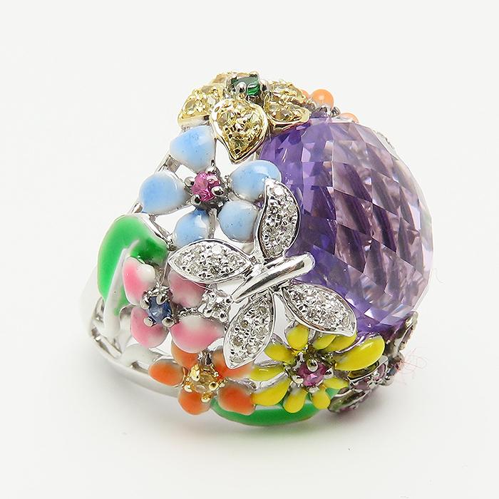 フラワーモチーフ アメジスト マルチストーン リング 13号 K18 WG 鑑別