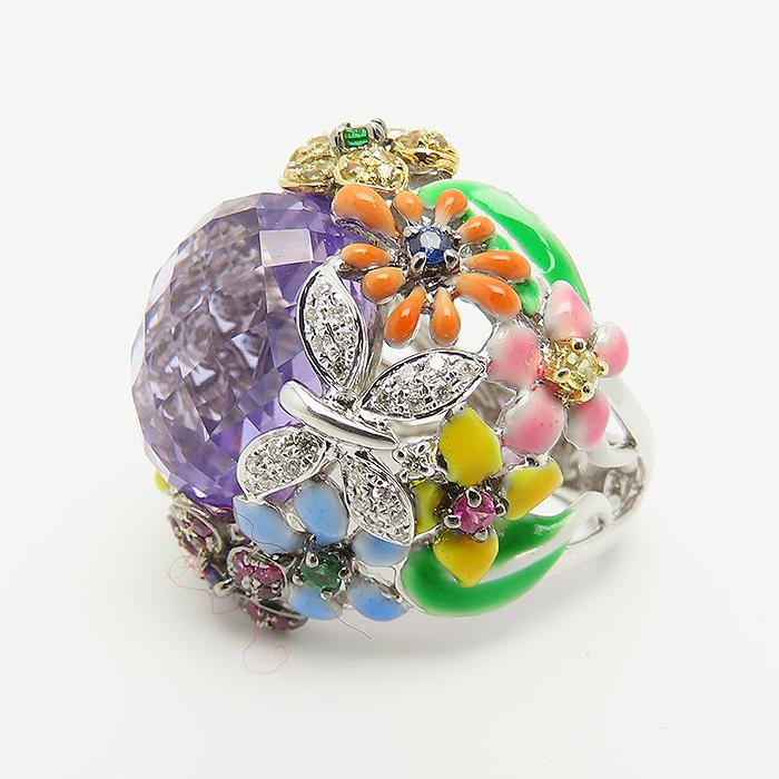 フラワーモチーフ アメジスト マルチストーン リング 13号 K18 WG 鑑別