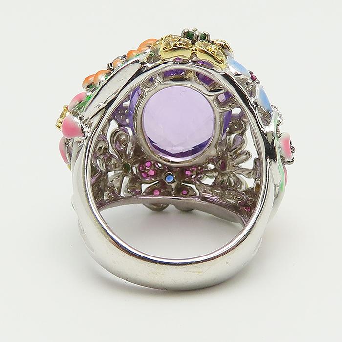 フラワーモチーフ アメジスト マルチストーン リング 13号 K18 WG 鑑別
