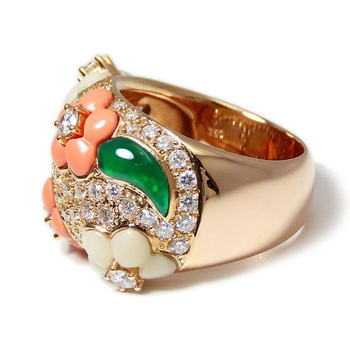 送料無料 サンゴ ダイヤモンド カルセドニー ピンクゴールド リング 15  