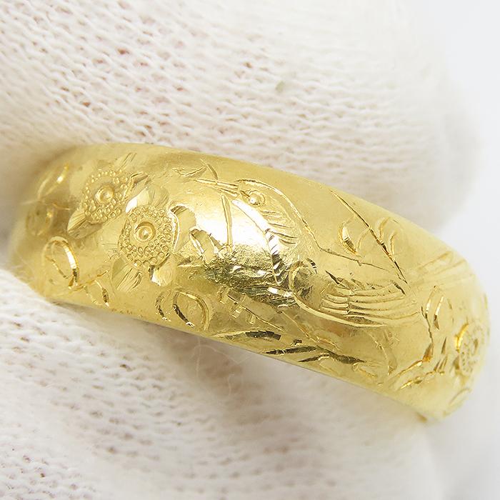 純金 花 鳥 モチーフ リング K24 9.9g 彫柄 甲丸 指輪 フラワー バード