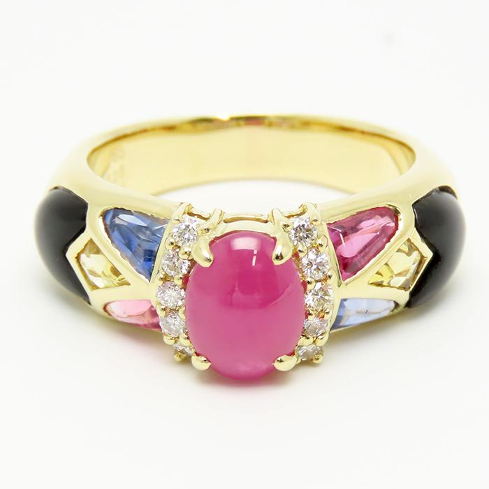 K18 ルビー 1.65ct サファイヤ 1.25ct ブラックカルセドニー 1.50ct 