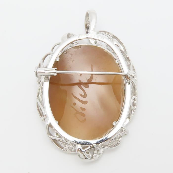 シェルカメオ ダイヤ ペンダント トップ ブローチ K18WG 0.37ct 女性
