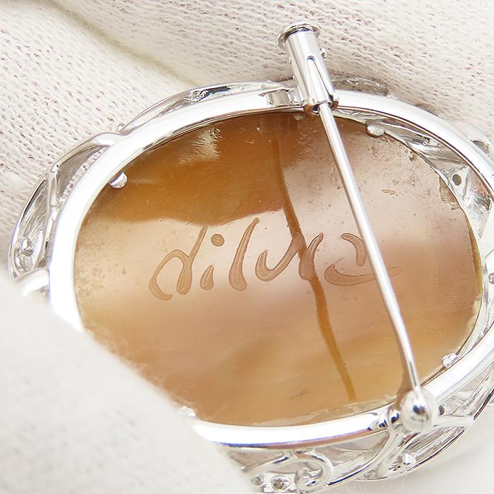 シェルカメオ ダイヤ ペンダント トップ ブローチ K18WG 0.37ct 女性