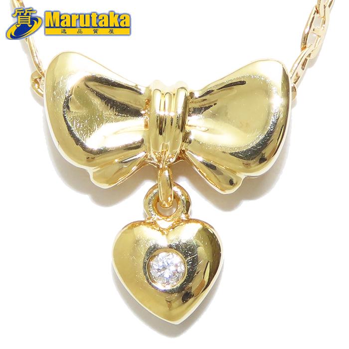 リボン モチーフ ダイヤモンド ネックレス K18 40cm 5.1g YG 750 1PD