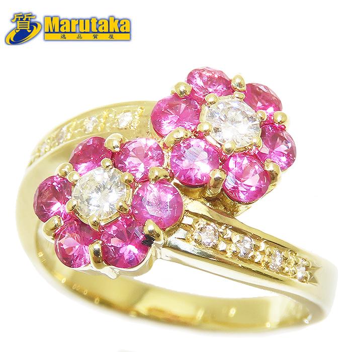 フラワー モチーフ ルビー ダイヤモンド リング K18 9号 鑑別書 0.91ct