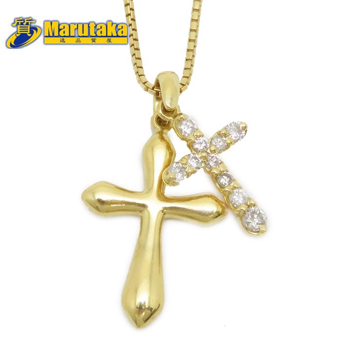 K18 41cm ネックレス ペンダントトップ クロス2連 ダイヤモンド 0.30ct 
