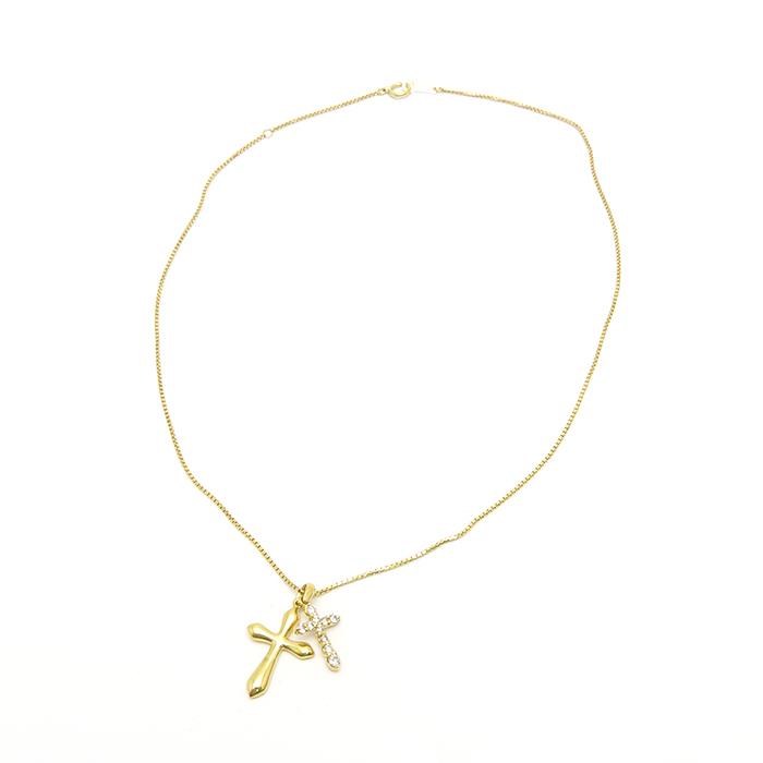 K18 41cm ネックレス ペンダントトップ クロス2連 ダイヤモンド 0.30ct 