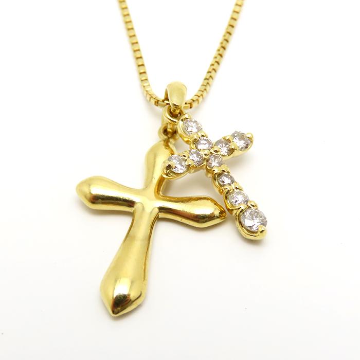 K18 41cm ネックレス ペンダントトップ クロス2連 ダイヤモンド 0.30ct 