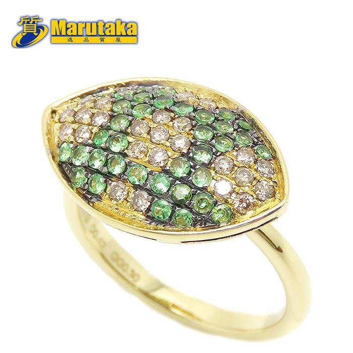 送料無料 K18 グリーンガーネット ブラウンダイヤモンド リング GG0