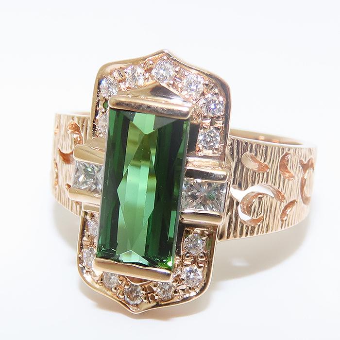 グリーントルマリン ダイヤ リング 13号 K18PG 鑑別書 透かし柄 5.6g