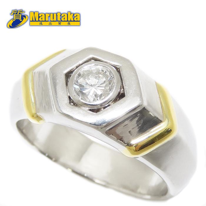 K18、Pt900 リング ヘキサゴン ダイヤモンド リング 19号 鑑別書 Pt900 K18 指輪 メンズ