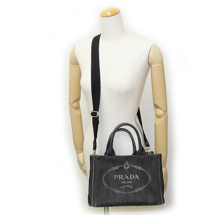 【T♪】プラダ　カナパ　ミニ　ブラックデニム　ショルダー付き CANAPA PRADA カナパ ミニ トート バッグ ブラック デニム ショルダー