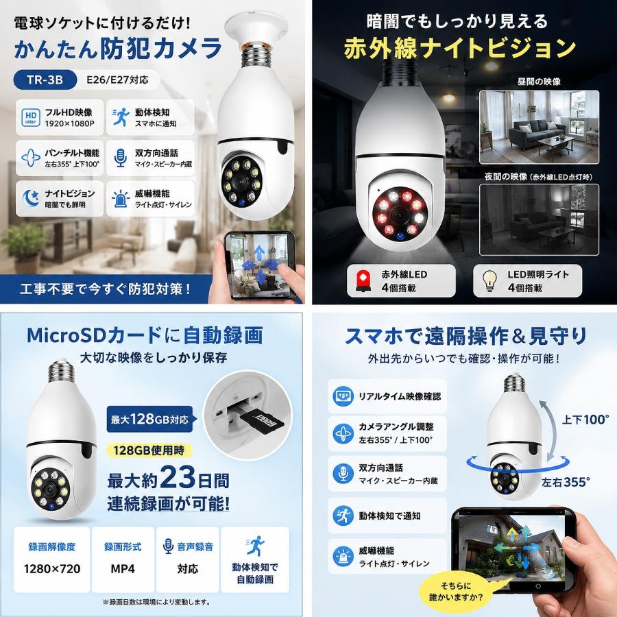 TR-3B Wi-Fi 防犯カメラ 電球ソケット型 E26 E27 工事不要
