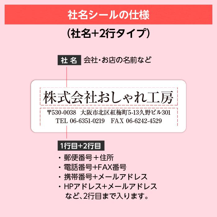 社名シール+2行タイプ 防水 スピード出荷 工具 器具 備品 名入れ 販促品 ステッカー 選べる書体 耐水 耐熱 事務所 名前シール 漢字 ハングル対応｜ipu-plan｜03