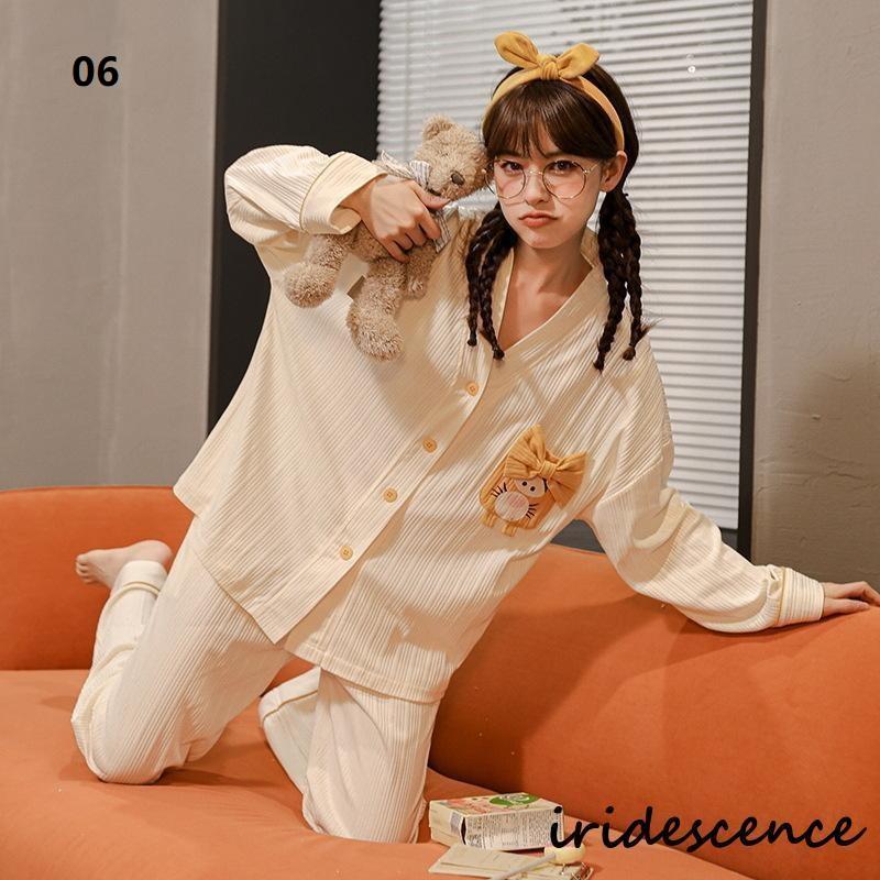 綿 ルームウェア パジャマ レディース 前開き 襟なし 長袖 長ズボン 春