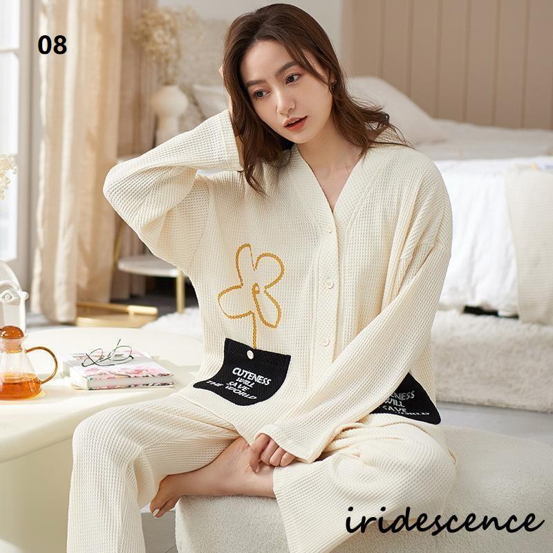 綿 ルームウェア パジャマ レディース 前開き 襟なし 長袖 長ズボン 春