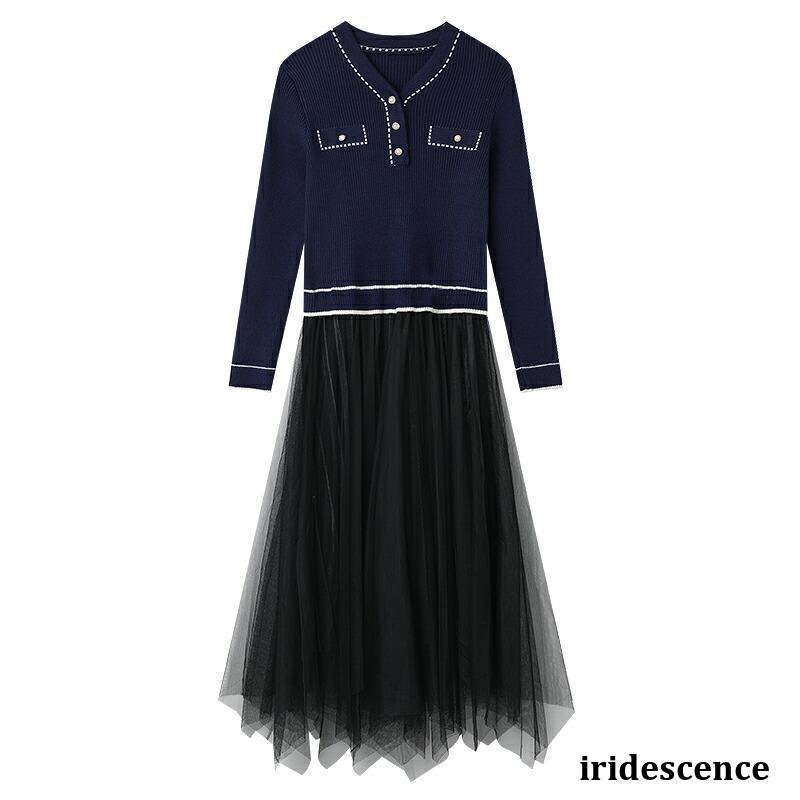 ニットワンピース ドッキング チュール ワンピース ニット ミモレ丈