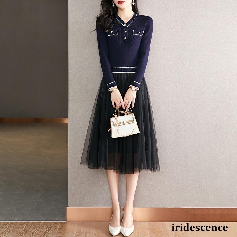 ニットワンピース ドッキング チュール ワンピース ニット ミモレ丈