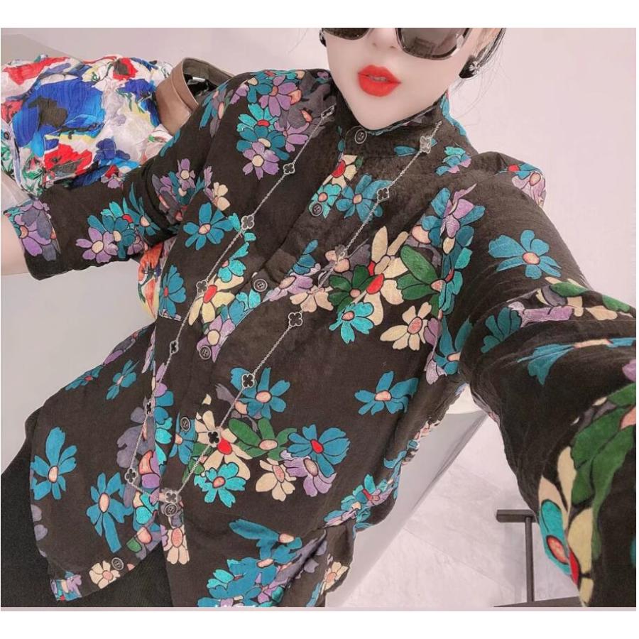 シャツブラウス 花柄ブラウス ボタニカル柄 リボン 襟付き シャツブラウス 花柄ブラウス ボタニカル柄 リボン 襟付き