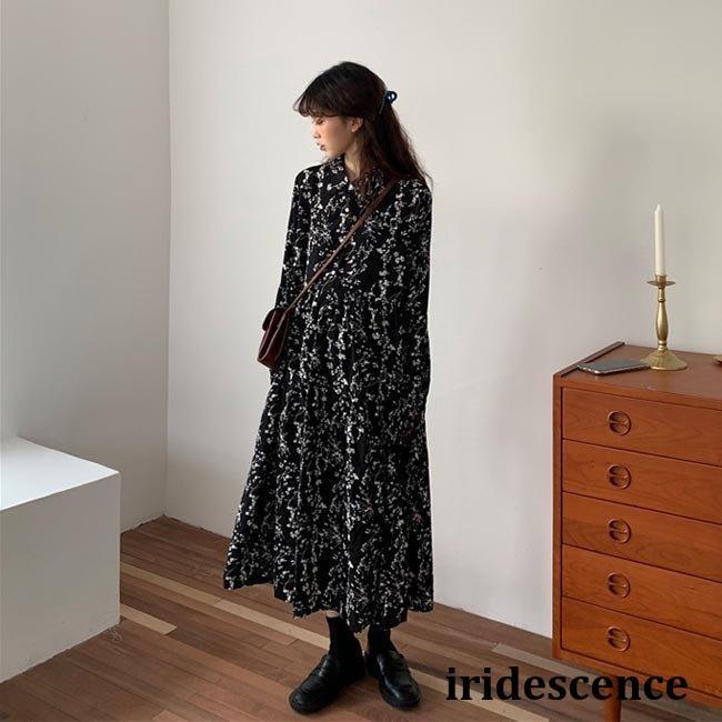 柄ワンピ ロング丈 ワンピース 長袖 レディース 花柄 ロングワンピ A