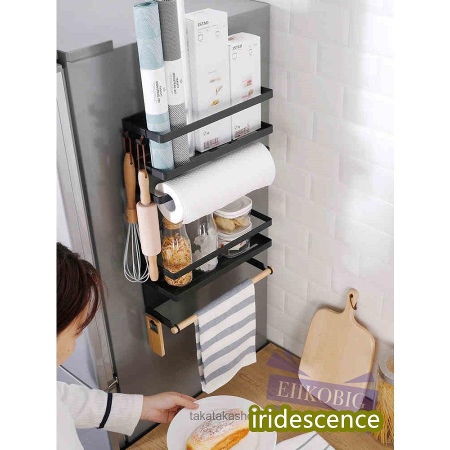 冷蔵庫サイドラック 棚 キッチンラック キッチン収納  マグネット  ラップホルダー キッチンペーパーホルダー 横収納 ワイド収納バスケット 小物入れ | ブランド登録なし | 02