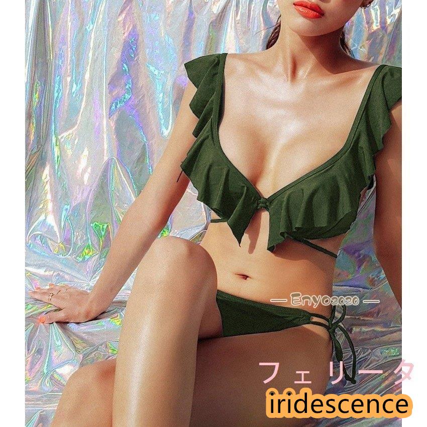 フリル Vネック ビキニ 水着 レディース 紐パン レースアップ 無地 カーキ 黒 韓国 | ブランド登録なし | 06