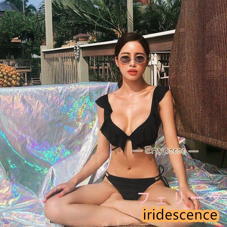 フリル Vネック ビキニ 水着 レディース 紐パン レースアップ 無地 カーキ 黒 韓国 | ブランド登録なし | 08