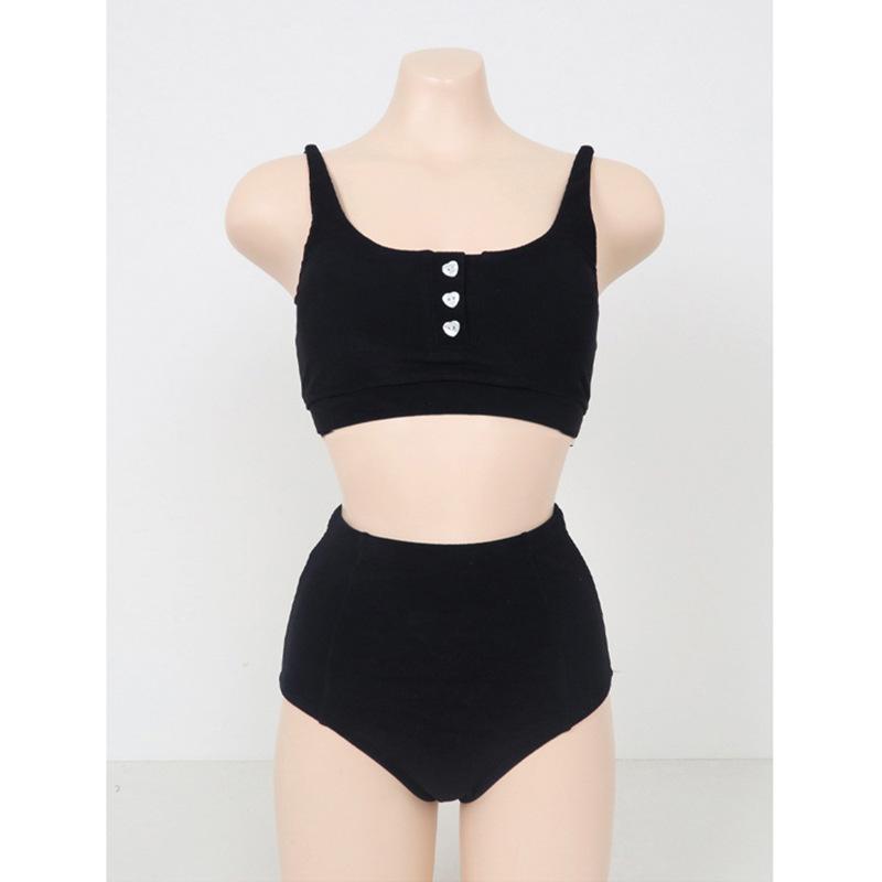ビスチェビキニ レディース ユニークなニットソー素材 フロントボタン 無地 黒  シンプル 水着 セパレート 上 | ブランド登録なし | 08