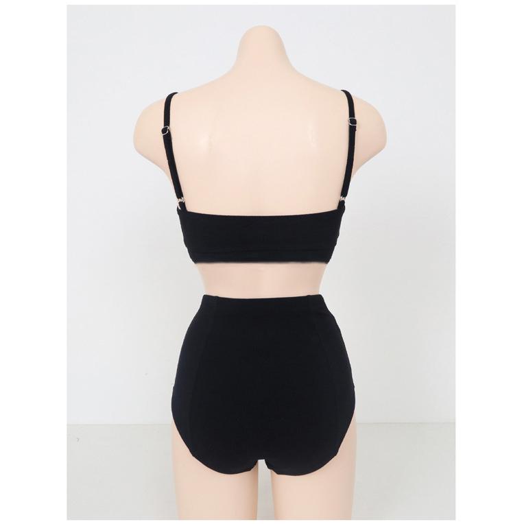 ビスチェビキニ レディース ユニークなニットソー素材 フロントボタン 無地 黒  シンプル 水着 セパレート 上 | ブランド登録なし | 09