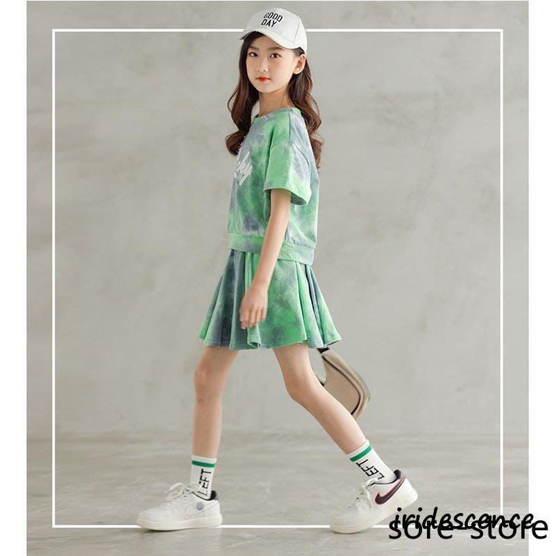 韓国 子供服 セットアップ キッズ ダンス 衣装 ヒップホップ セット チアガール 衣装 子供 tシャツ 半袖 虹色 カラフル スカート 女の子 かっこいい｜iridescence｜05