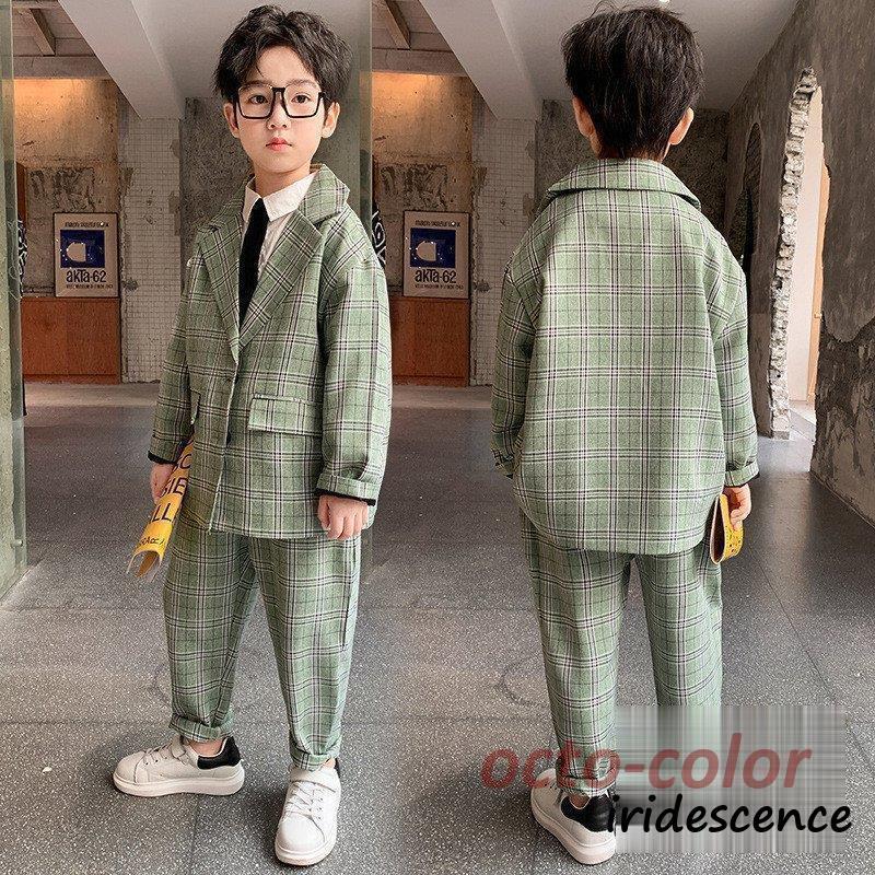 スーツ チェック柄 男の子 上下 フォーマル 卒園式 入学式 卒業式 発表会 七五三 キッズ スーツ 上下セット スーツジャケット＋ズボン グリーン グレー 120-170 | ブランド登録なし