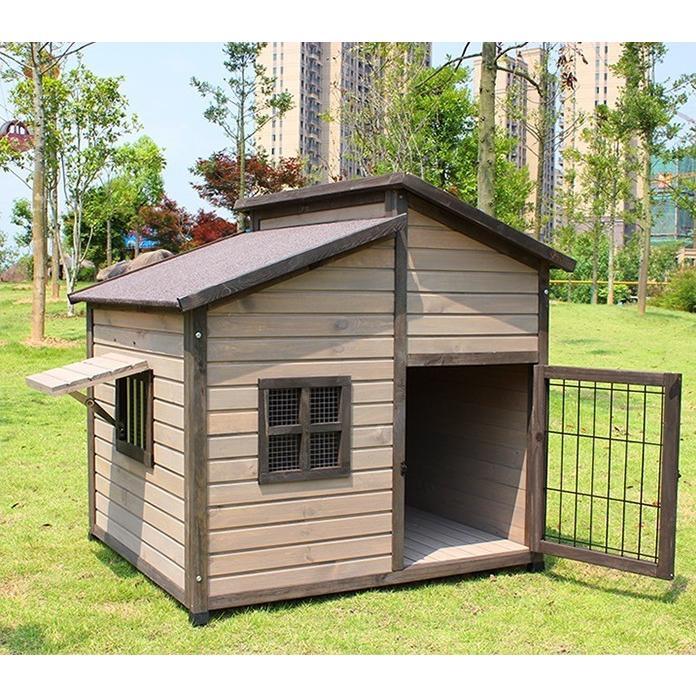 屋外用犬小屋 豪華別荘 丈夫 飼育ケージ 小動物 転倒防止 安定性抜群 組立式 松の木 木製 防腐材 中型犬 大型犬用 ペット用品 屋外用犬小屋 ペット用品