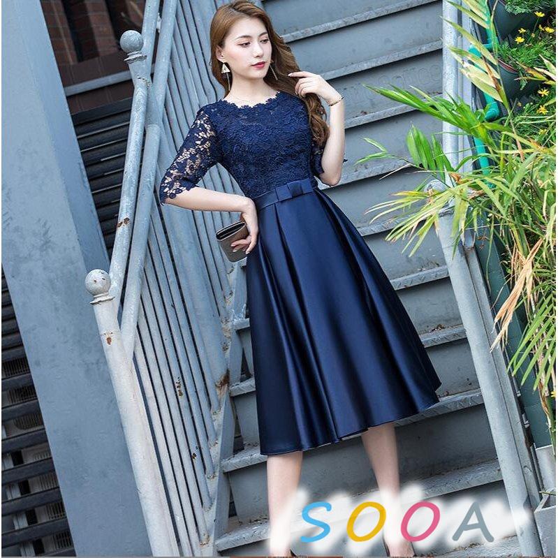 レースワンピース 花柄 シースルー 結婚式 二次会 七分袖 青 M お歳暮