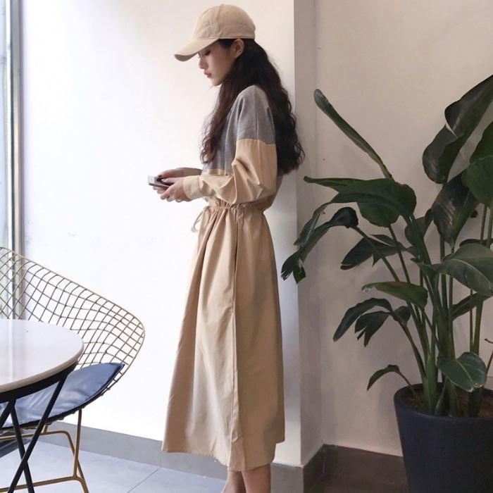 ワンピース ロング ひざ下丈 長袖 バイカラー ブルー ホワイト ブラック ウエストマーク ゆったり 送料無料 |  | 03