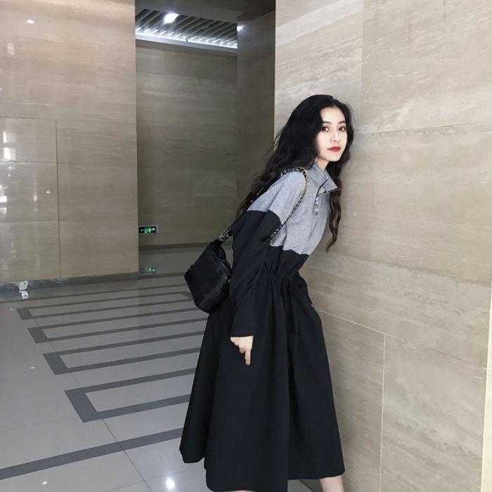 ワンピース ロング ひざ下丈 長袖 バイカラー ブルー ホワイト ブラック ウエストマーク ゆったり 送料無料 |  | 12