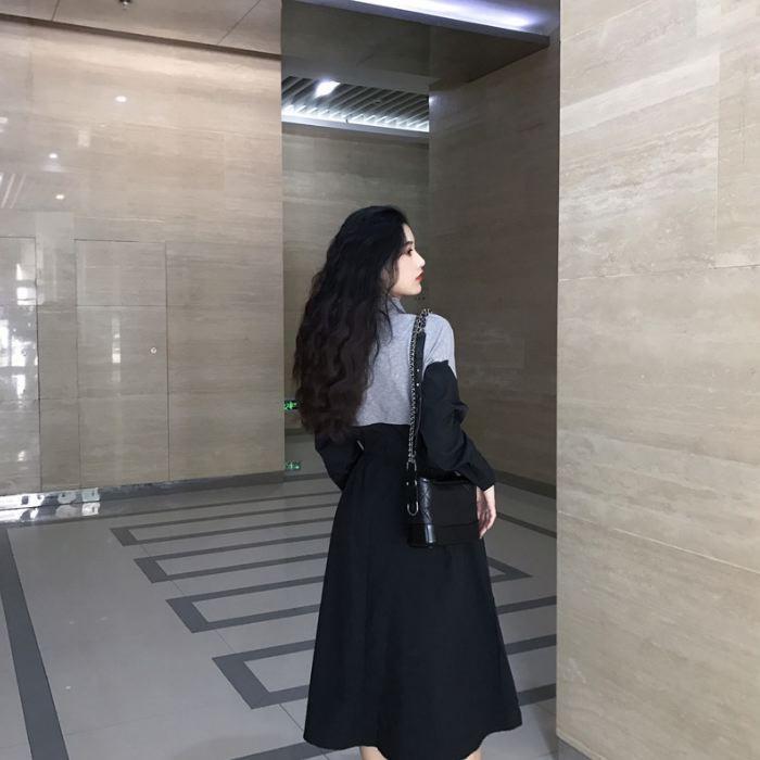 ワンピース ロング ひざ下丈 長袖 バイカラー ブルー ホワイト ブラック ウエストマーク ゆったり 送料無料 |  | 13