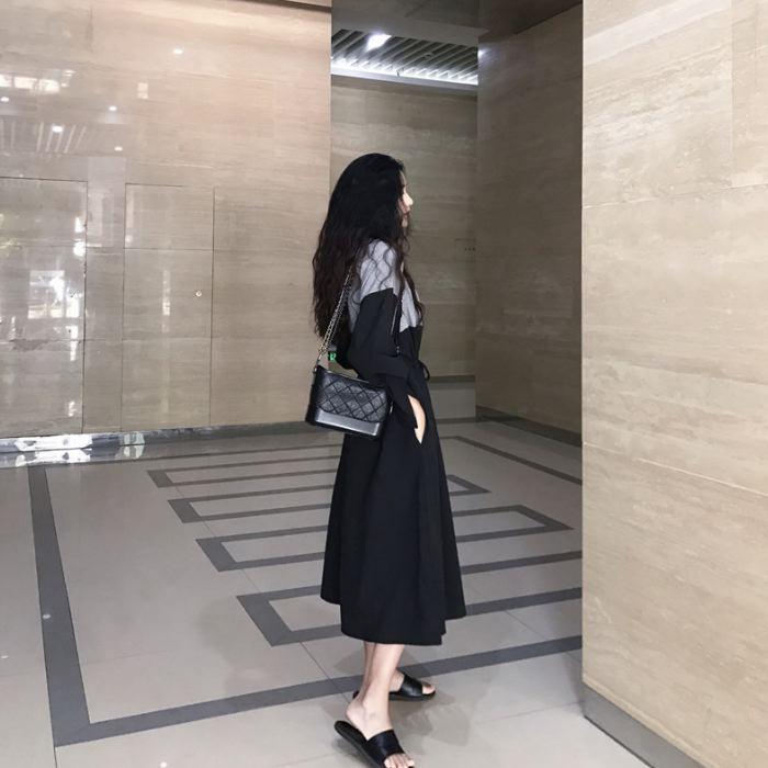 ワンピース ロング ひざ下丈 長袖 バイカラー ブルー ホワイト ブラック ウエストマーク ゆったり 送料無料 |  | 15